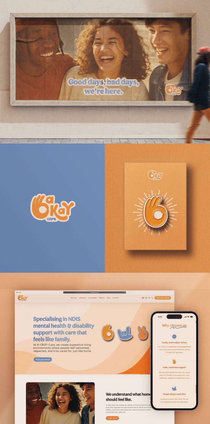 A Okay Care brand identity and NDIS website design by The Huntd — freelance website designer Australia