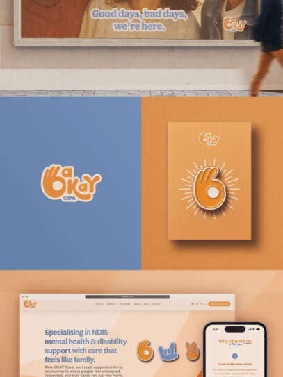 A Okay Care brand identity and NDIS website design by The Huntd — freelance website designer Australia
